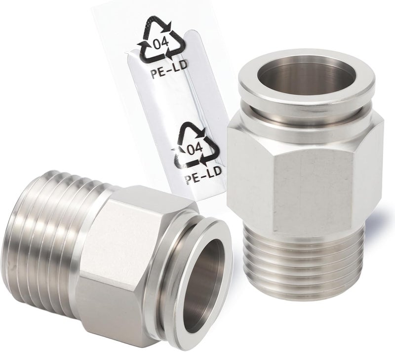 MSAEIQUN Stainless Steel 1/2 Air hose fittings, Push to Connect Air fittings Male Straight 1/2 Inch Tube OD x 3/8 NPT Thread Fitting (Pack of 2) - Image 1